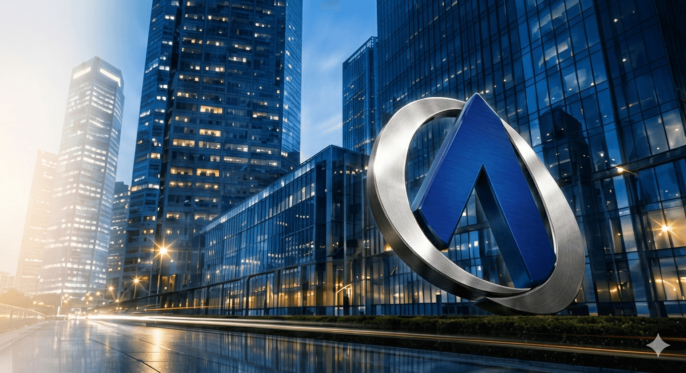 Prédios corporativos à noite com o logo da Auditar em destaque